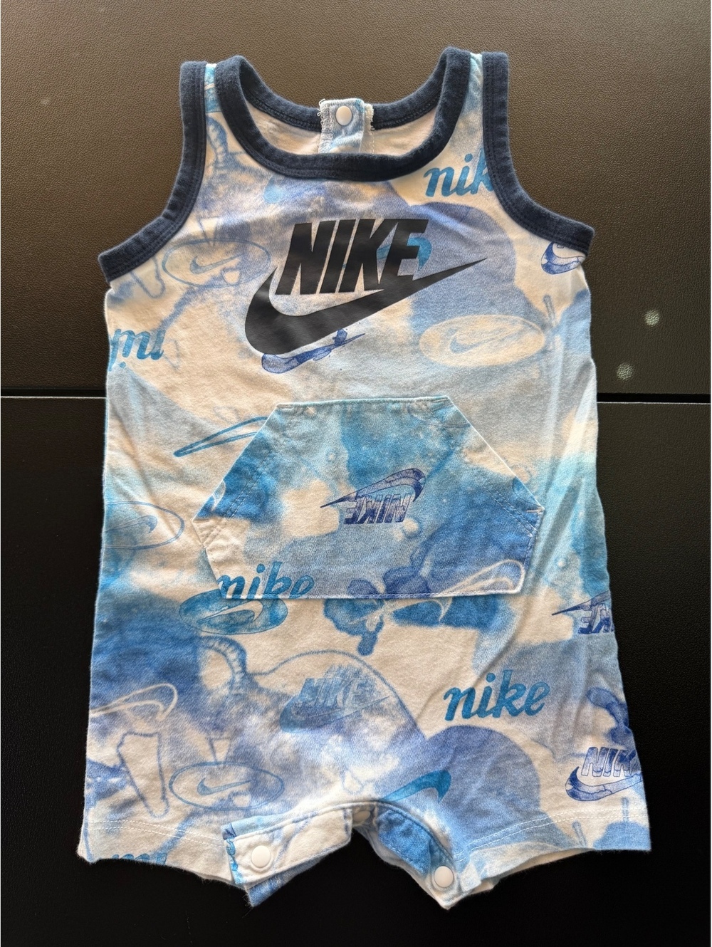 Nike Baby Boys 12M Blue All Over Swoosh Logo Pocket Romper Shortall